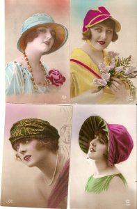  Pretty young ladies. Fancy hats Lot of four (4) Old vintage French photo PC