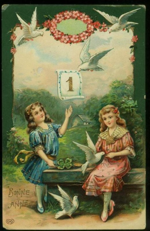 011421 LOVELY VINTAGE EAS NEW YEAR POSTCARD TWO GIRLS WITH DOVES GEL GILDED