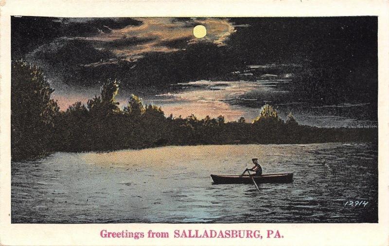 Salladasburg Pennsylvania~1929 Postmark~Rowboat on River~Moonlight~Postcard 