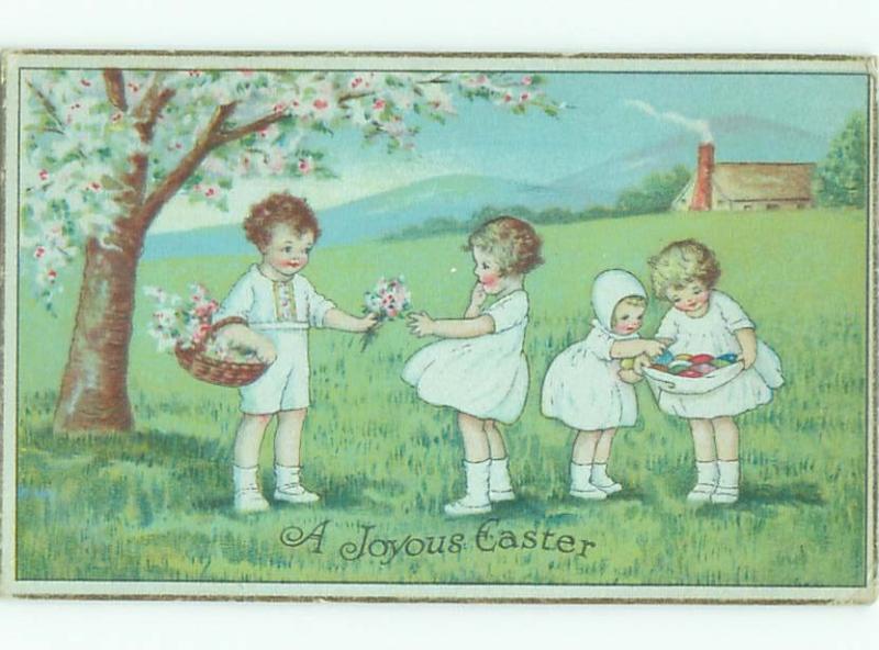 Pre-Linen Easter KIDS COLLECTING EGGS AND FLOWERS AB4244