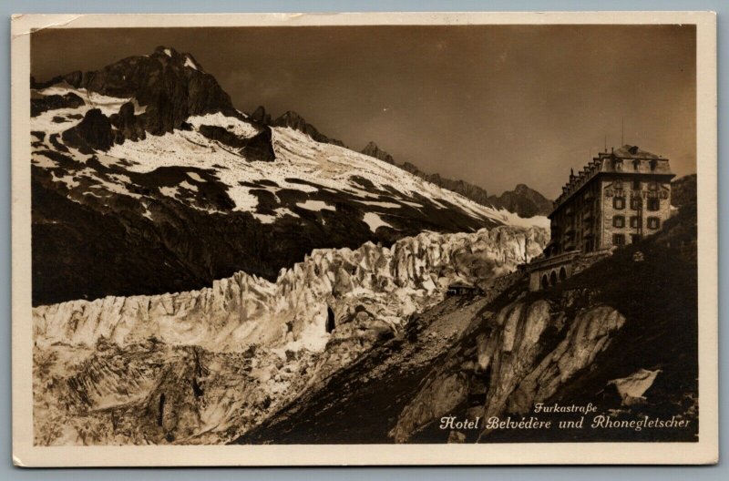 Postcard RPPC c1936 Switzerland Furkastrasse Hotel Belvedere Und Rhonegletscher