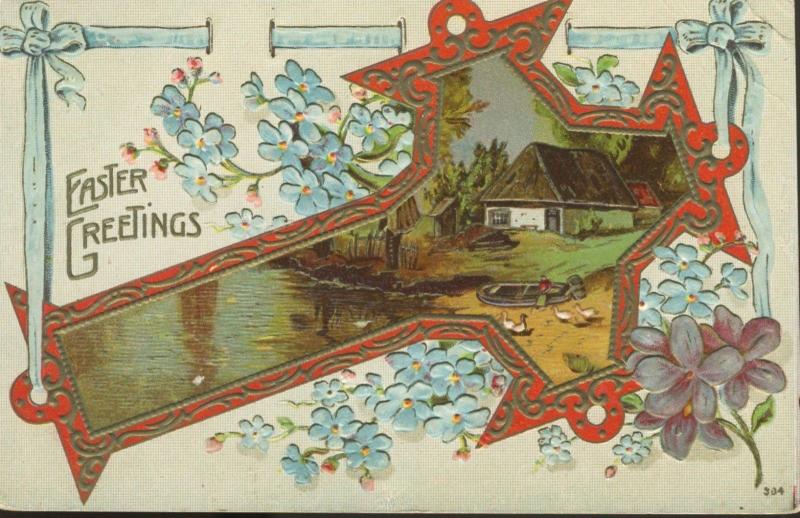 Easter Greetings Rural Scene House Boat Ducks Water c1911 Vintage Postcard