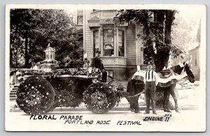 Portland OR Horse Drawn Fire Engine no.11 and Firemen Floral Parade Postcard G21