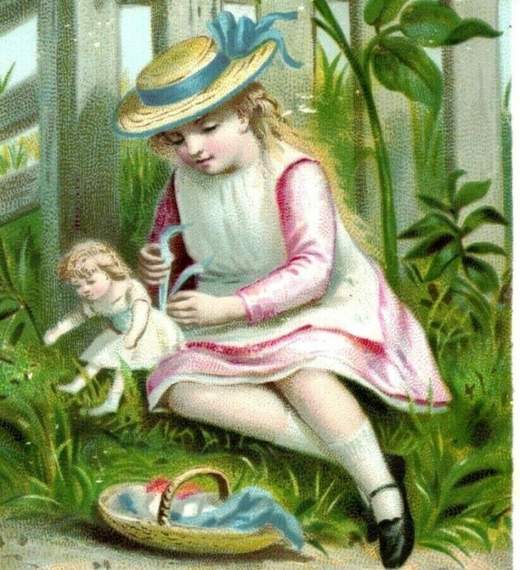 1880s-90s Victorian Christmas Card Poem Adorable Girl & Doll Fab! P215