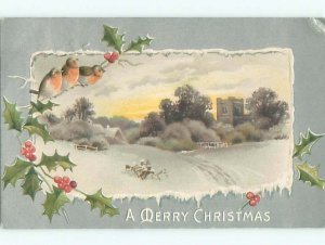 Pre-Linen christmas CUTE BIRDS SIT ON HOLLY BRANCH k1844