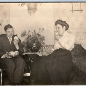 c1910s Man Woman Eating Indoors RPPC House Couch Real Photo Pen Yan Academy A261