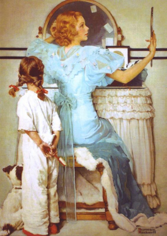 Lasy at vanity and Little Girl with Dog by Norman Rockwell NEW MDRN Postcard