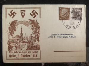 1938 Haida Sudetenland Germany Provisional cancel Postcard cover returned home