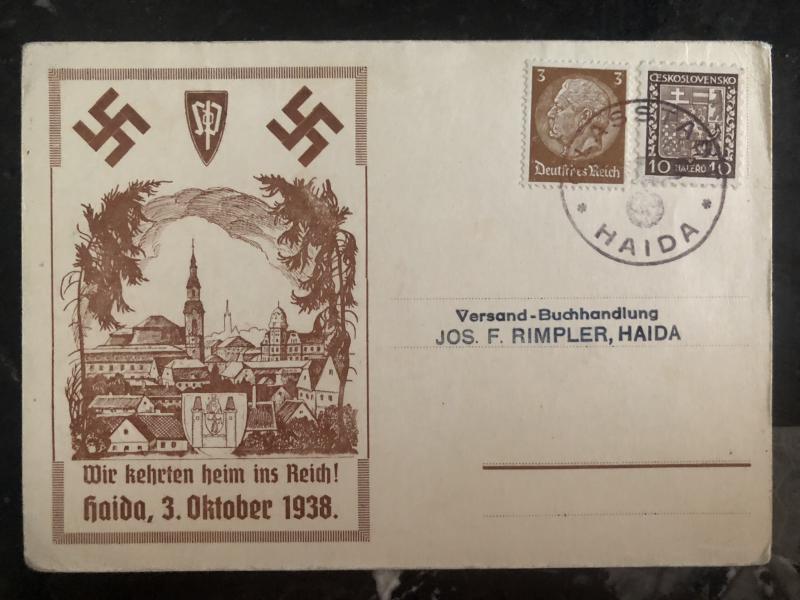 1938 Haida Sudetenland Germany Provisional cancel Postcard cover returned home