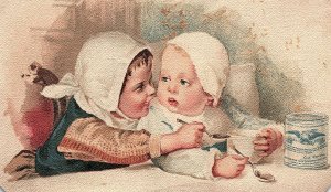 1880s BORDEN EAGLE BRAND CONDENSED MILK CHILDREN BABY EATING TRADE CARD 46-273