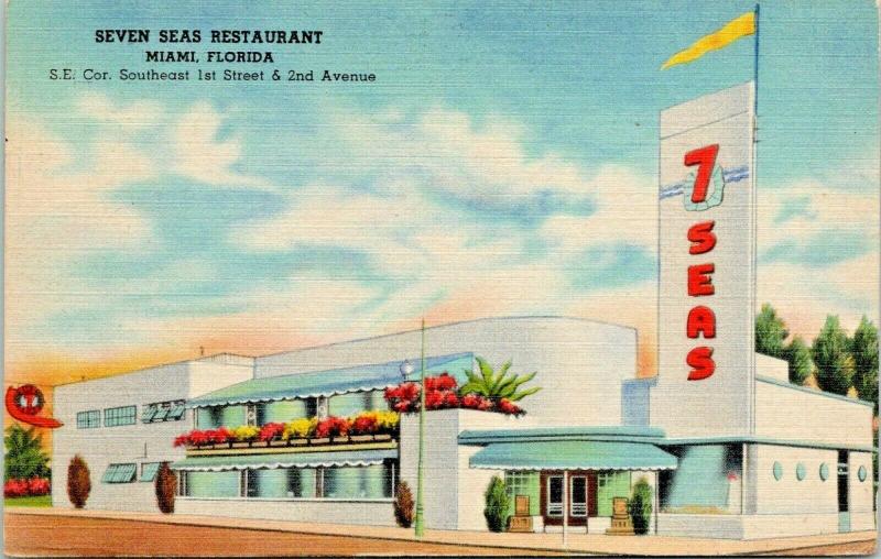 Miami Florida~Seven Seas Restaurant~ART DECO Architecture~1st Street~1945 Linen  