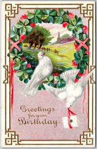 Greetings For Your Birthday White Dove Landscape Line Border Wishes Postcard