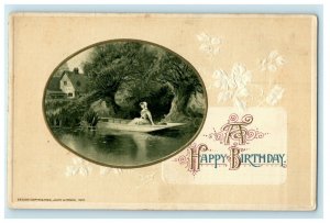 1912 John Winsch Happy Birthday Woman in Boat Lake Embossed Postcard 