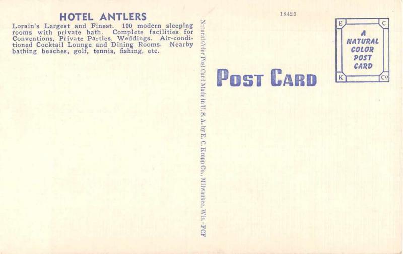 Lorain Ohio Hotel Antlers Antique Postcard J50984