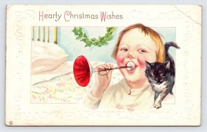 Hearty Christmas Wishes, Antique 1913 Postcard, Child with Trumpet & Kitten  P3