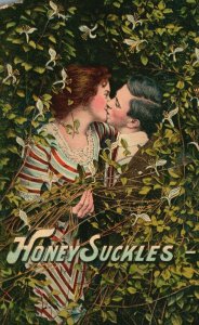 Vintage Postcard 1910 Honey Suckles Man and Woman Kissing Among Vines