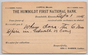 Humboldt KS First National Bank Cashier George Barber 1894 Advert Postcard H29