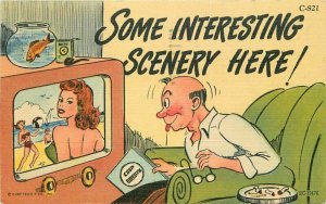 Man appreciating Sexy woman on TV Comic Humor Postcard Teich 22-170