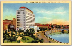 Ohio State Office Building & Grounds Columbus Ohio River Front Roadway Postcard