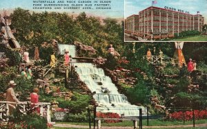 Vintage Postcard 1942 Waterfalls Rock Garden Olson Park Rug Factory Chicago IL