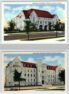 2 Postcards UNIVERSITY of KANSAS, Lawrence KS ~ SNOW HALL & AUDITORIUM 1940s