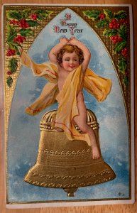 Vintage Victorian Postcard 1911 A Happy New Year - Cupid Sitting on a Gold Bell