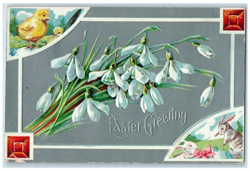 1909 Easter Greetings Flowers Bunny Rabbit Chicks Antigo Wisconsin WI Postcard