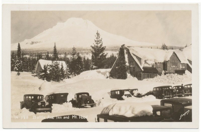 c1930 RPPC Battle Axe Inn And Mt. Hood Oregon Old Cars Snow Sawyer's Photograph