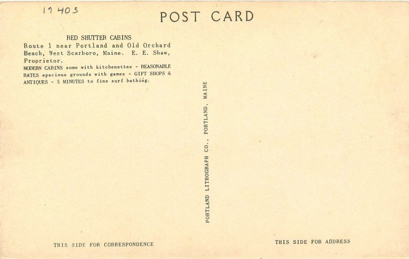 Postcard 1940s West Scarboro Maine Red Shutter Cabins occupation 24-6950