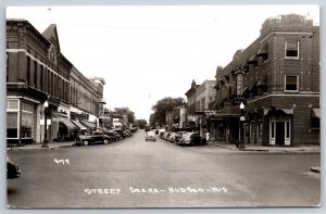 Hudson WI~Street~Hotel Cafe Steaks & Trout~Beauty Shoppe~Dibbo's Bar~1940s RPPC