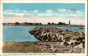 Old Lighthouse and Jetties from First Cliff, Scituate MA Vintage Postcard G55