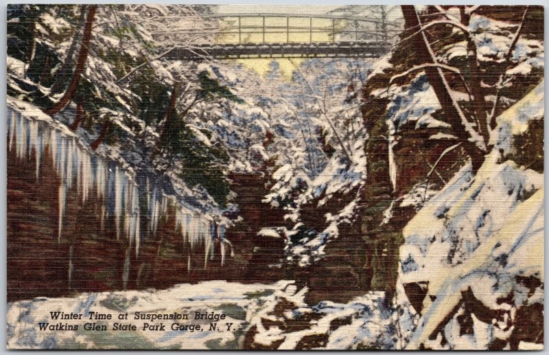 Wintertime Suspension Bridge Watkins Glen State Park Gorge New York NY Postcard