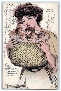 Valentine Woman Birth Babies In Basket A Busher Of Love Exeter Ontario Postcard