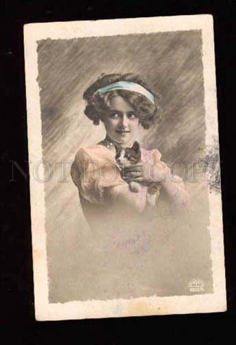 001847 Young Lady w/ KITTEN vintage PHOTO Russian tinted PC