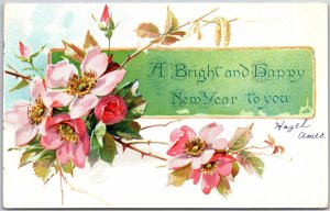 A Bright & Happy New Year To You, 1907 Pink-Red Flowers, Green Panel, Postcard