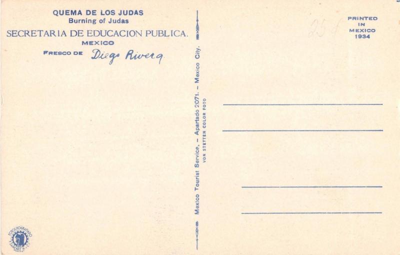 QUEMA de los JUDASBURNING OF JUDASDIEGO RIVERA ARTIST SIGNED POSTCARD 1940s