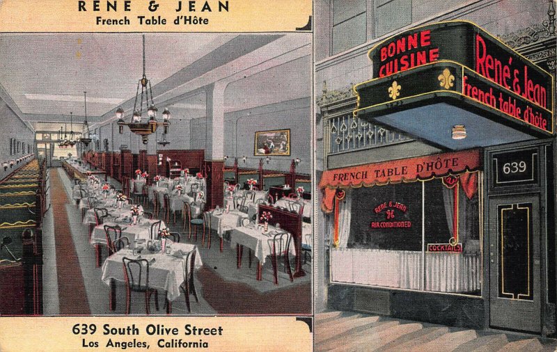 Rene & Jean French Table d'Hote Restaurant, Los Angeles, early linen postcard