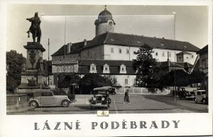 czech, LÁZNĚ PODĚBRADY, Castle, Monument Statue, Cars (1950s) Leporello Postcard