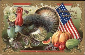 Thanksgiving Turkey American Flag Abundance c1910 Vintage Postcard
