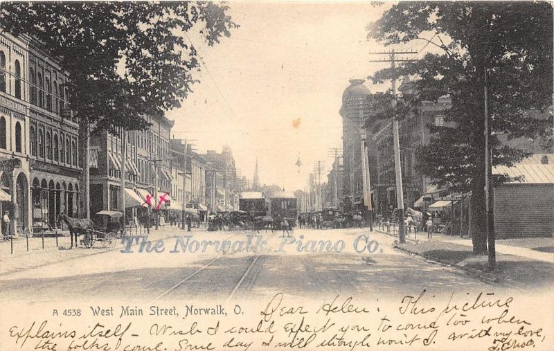 Norwalk Ohio~Busy West Main Street~Storefronts~Bank~Restaurant~People~1906