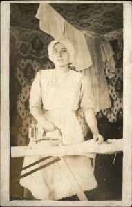 Woman Maid or House Wife Ironing Clothes Iron Real Photo Postcard c1910