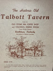 Vintage 50s OLD TALBOTT TAVERN Restaurant Menu BARDSTOWN Kentucky