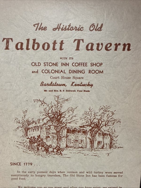 Vintage 50s OLD TALBOTT TAVERN Restaurant Menu BARDSTOWN Kentucky