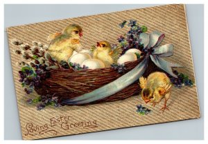 Vintage 1909 Easter Postcard Cute Chicks Basket of Eggs Purple Flowers