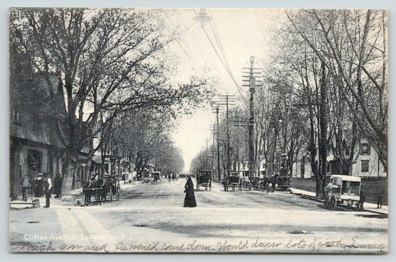 Lakewood New Jersey~Clifton Avenue~Nun Crosses Street~Delivery Wagons~1908 B&W 