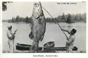 Postcard RPPC Canada Dauphin Manitoba Exaggeration Fish boats 23-1070