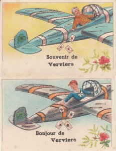 Unit of 2 vintage postcards souvenir from Verviers Belgium drawn planes greeting