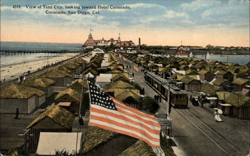 San Diego California CA Hotel Coronado Tent City Trolley c1910 Postcard