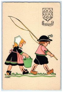 c1930's Little Boy And Girl Fishing Reels Bucket Bretagne France Postcard