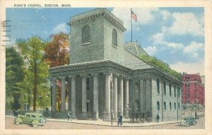 Boston Massachusetts King's Chapel, Old Cars, People 1937 Linen Postcard